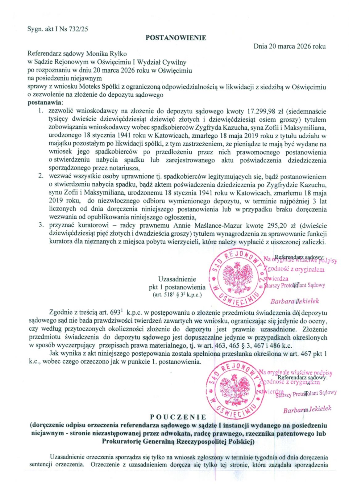 Zdjęcie postanowienia sądowego wzywającego do odbioru depozytu po zmarłym.